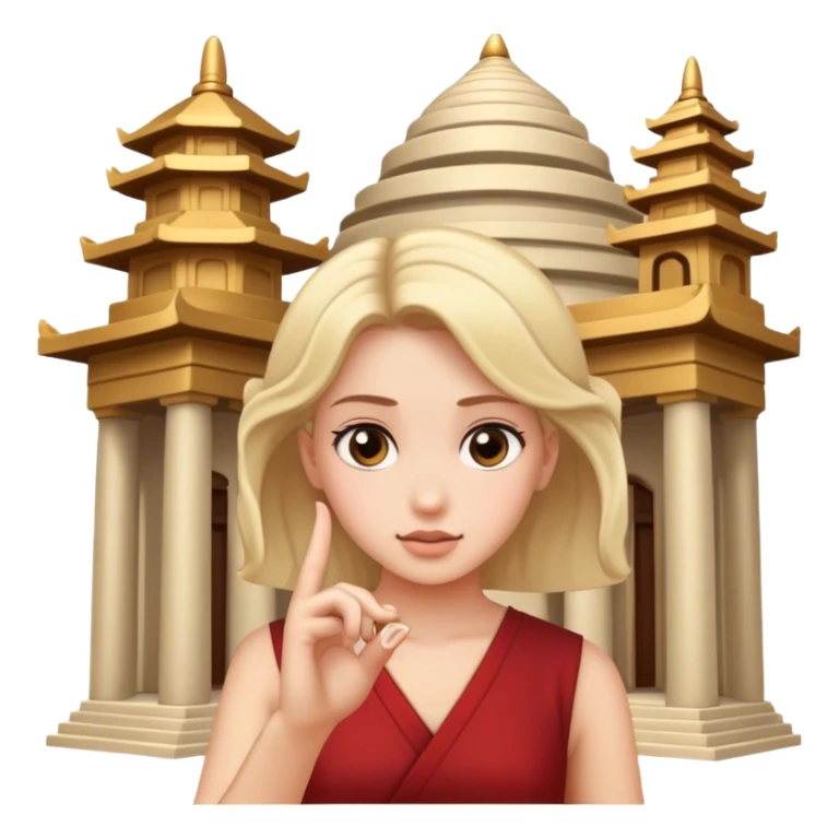The girl twists her finger at the temple sticker