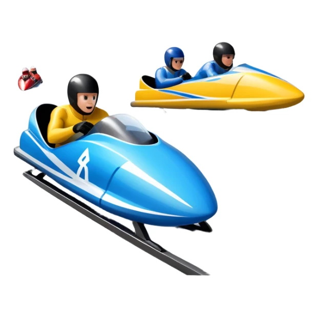 An icon featuring a sleek bobsled with athletes racing down an icy track at high speed, helmets on and bodies aligned for aerodynamics. The scene is set in a stunning snowy mountain valley with pine trees, spectators, and crisp blue sky. Transparent background captures the thrill of bobsleigh. sticker