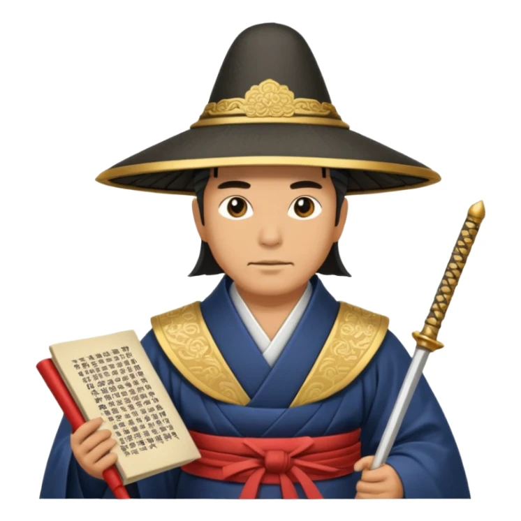 Samurai lord, Elegant noble in long robes with tall hat, holding a scroll of orders. sticker