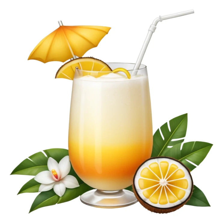A beautiful cocktail with a creamy white to orange gradient, containing coconut juice and mango, reminiscent of summer. Above, there are tropical flowers, lemon slices, and straws. sticker