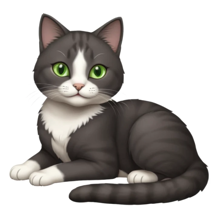 beautiful female solid dark grey cat with green eyes, white toes/paws and white patch on her chest lying down sticker