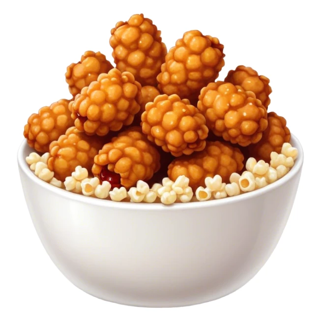 Korean Fried Chicken Cinematic Realistic Korean Fried Chicken Dish Emoji, depicted as bite-sized popcorn chicken pieces generously coated in a glossy, spicy sauce, rendered with crisp textures and dynamic, appetizing lighting. sticker