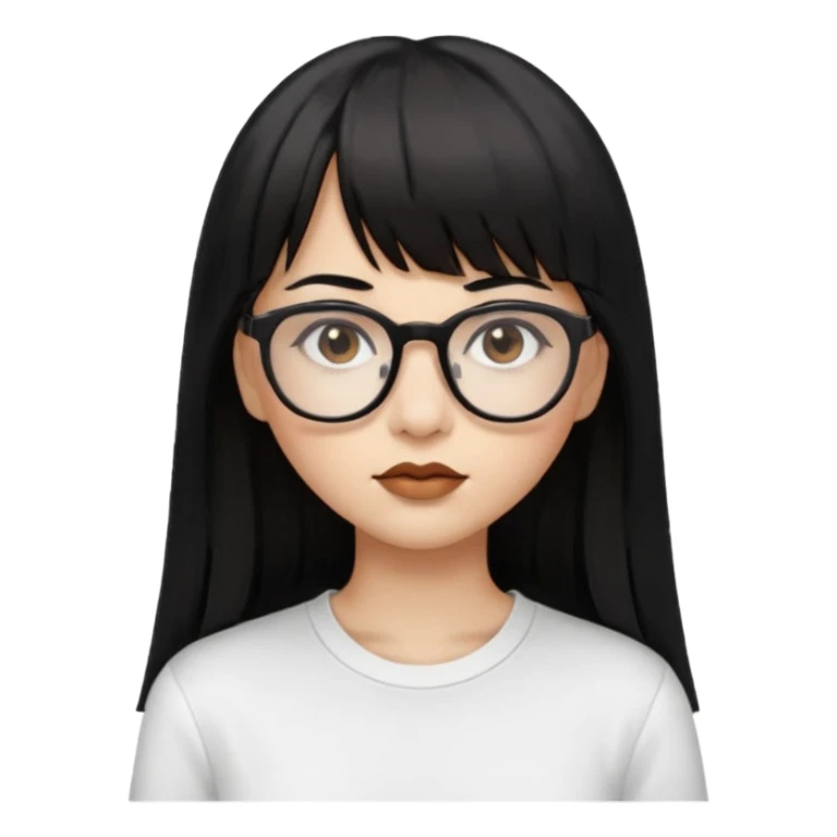 uma mulher snapchat icon, cor da pele normal, cabelo preto liso solto grande com franja, óculos pretos, com piercing na boca e nariz, olhos castanhos, camisa branca sticker