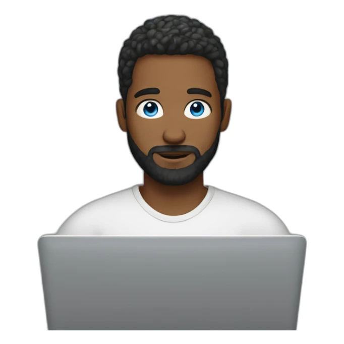 man with blue eyes bun and beard at a laptop sticker