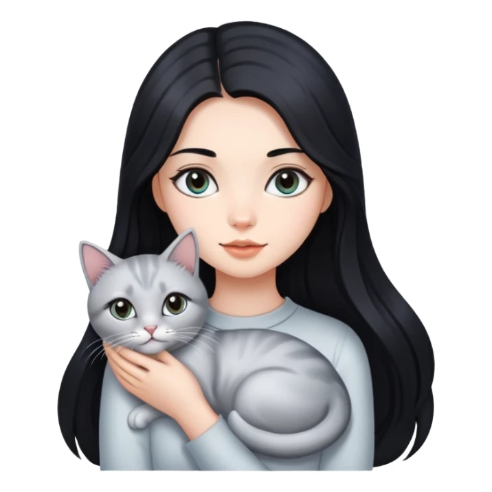 beautiful girl with long black hair holding a silver-colored cat sticker