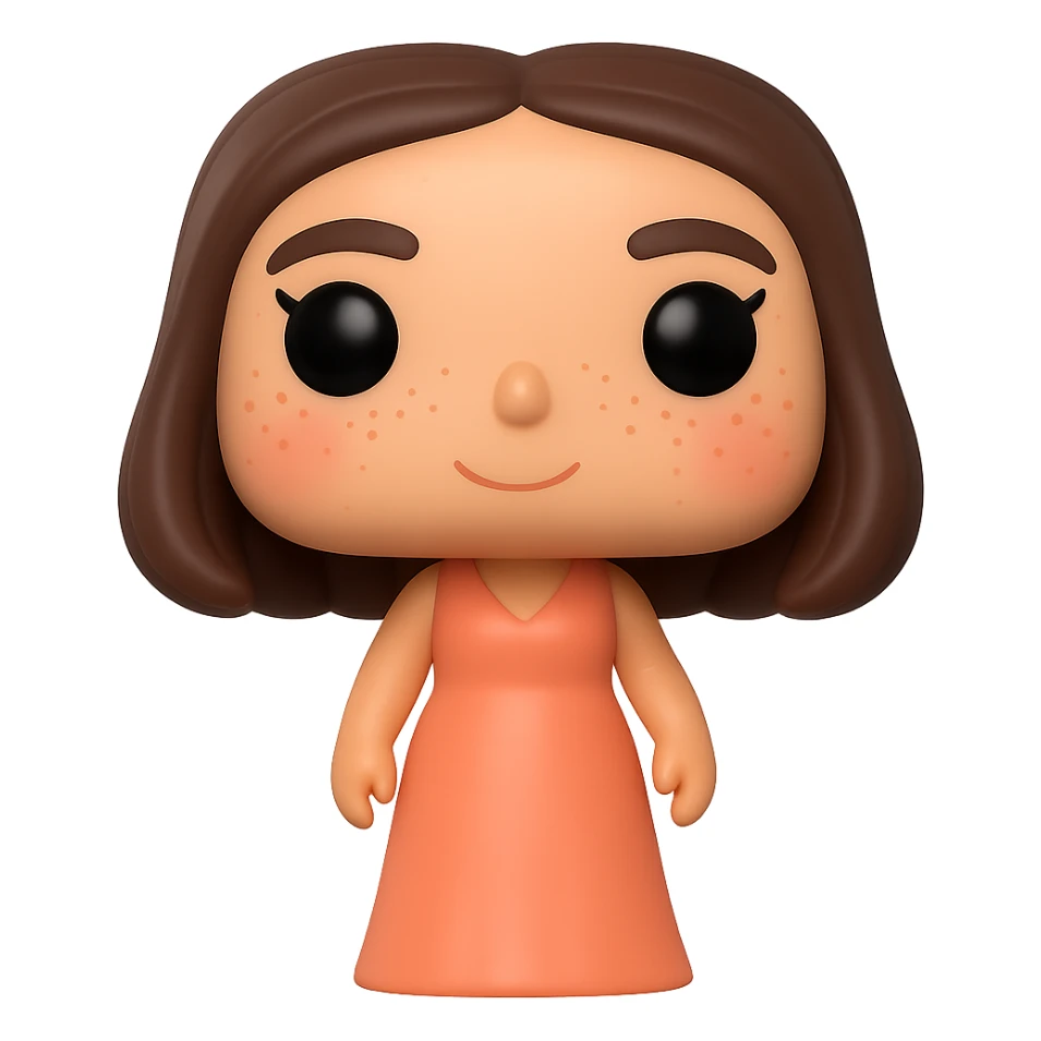 Create a Funko Pop style vinyl figure inspired by the reference image. The figure should have a long peach-colored dress, dark brown long bob haircut, rosy cheeks, light freckles, and a friendly expression. No hat or accessories. Transparent background. sticker