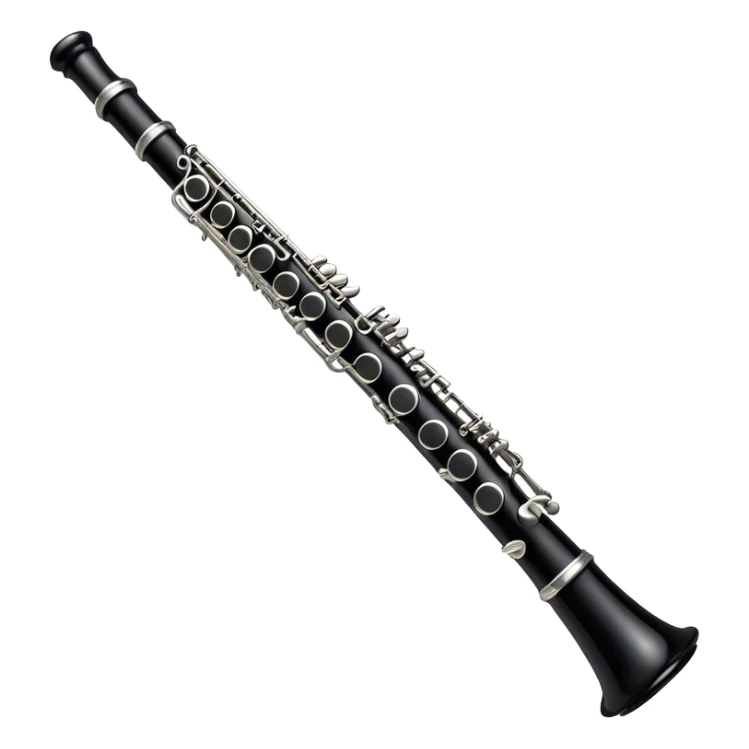 Create an emoji, representing a black standard clarinet. The design should feature a smooth, glossy black body of the clarinet with shiny, silver keys clearly visible. Highlight the intricate details of the mouthpiece and reed at the top, while the body of the instrument should remain simple and elegant. Add subtle musical notes or soundwaves floating around the instrument to symbolize its clear, melodic sound. Use black for the body, silver for the keys, and soft lighting effects to give the instrument a polished, sophisticated look. The background should be transparent. sticker