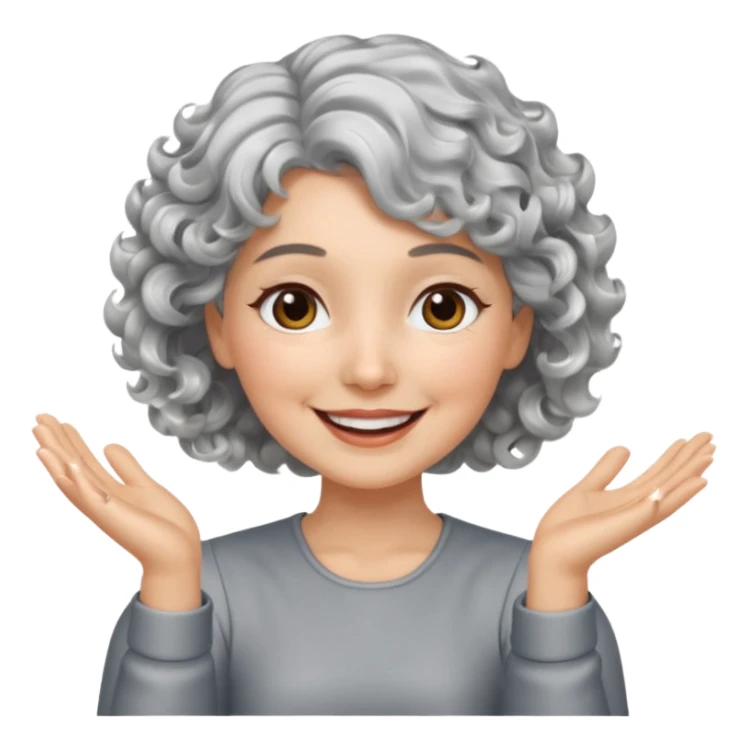 silver, short, wavy-haired with curls, smiling/happy pretty lady, silver top, clapping hands

 sticker