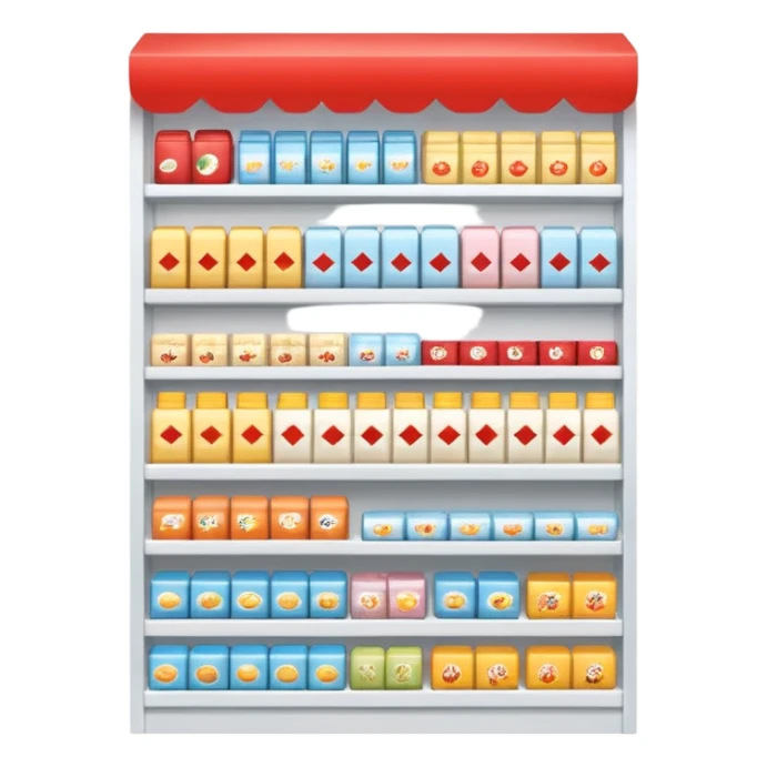 "Minimalist Japanese retail shelf display, products arranged in identical horizontal rows, with multiple units of each item placed directly behind one another, vertically varied by type, clean spacing, precise symmetry, soft neutral lighting, front-facing packages, ultra-detailed." sticker