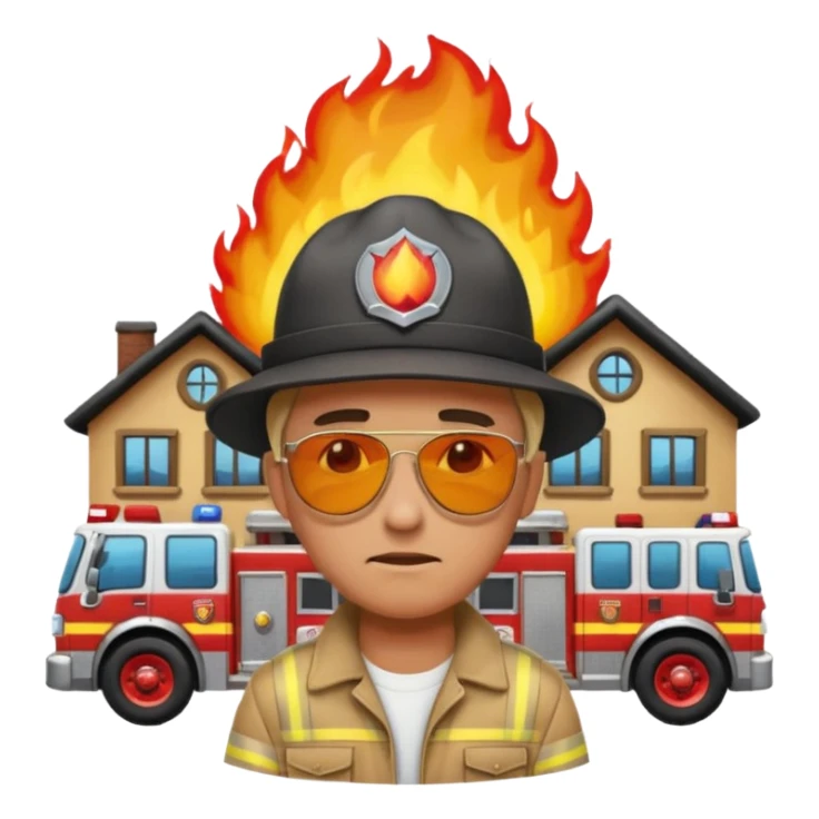 sad man standing with a house on fire behind him, fire trucks arriving, apple style emoji sticker