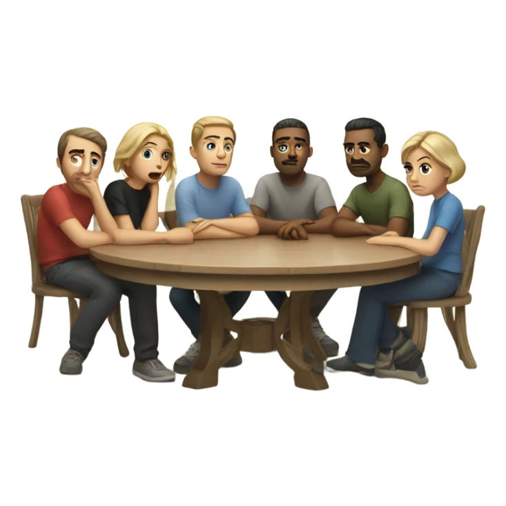 6 Caucasian people sitting around a table looking unhappy sticker