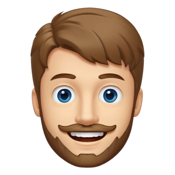 25 year old man, short scruffy beard and thin moustache, brown puffy mullet, blue eyes, big smile, white teeth, big lips, pronounced jaw, hair longer in back, sticking up on top, thin face sticker