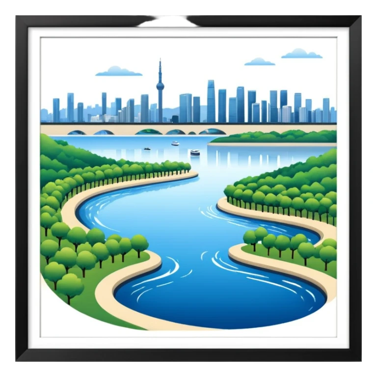 Hangang river, Seoul skyline, and park, no border sticker