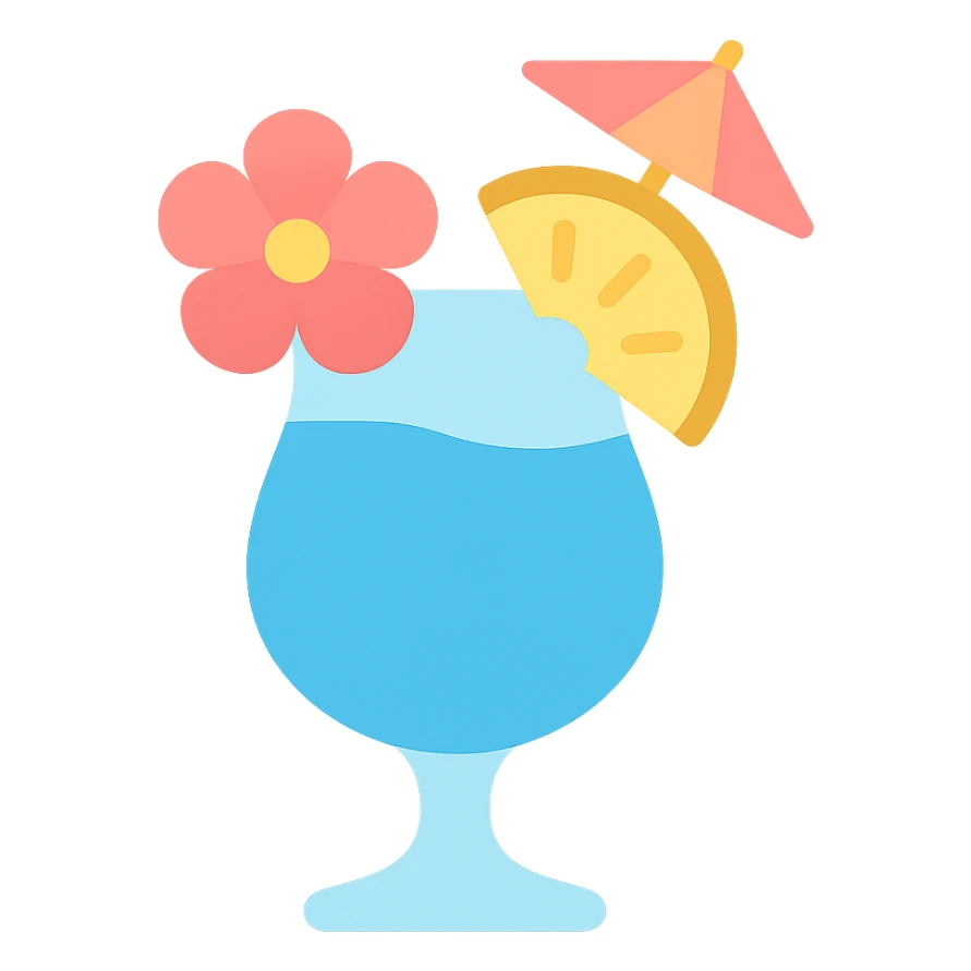 blue tropical cocktail with hibiscus, pineapple, and paper umbrella garnish sticker