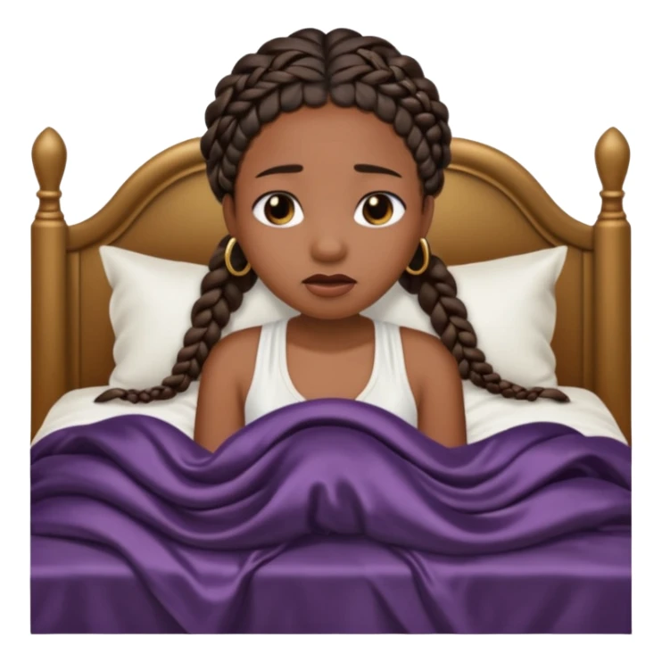 Black woman with braids in a big king size bed on one side by herself crying sticker