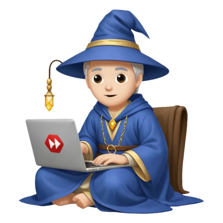 A wizard sitting with a laptop on his lap, the laptop looking like a Mac but with the YouTube logo on it sticker