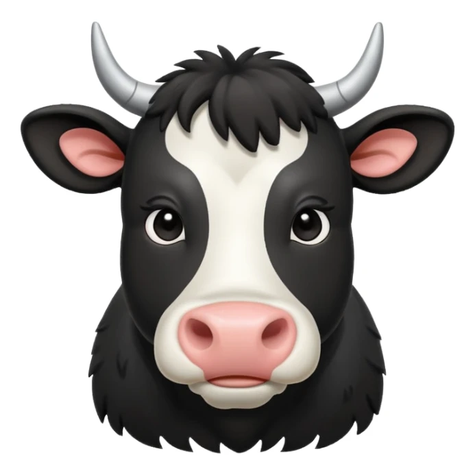 Aberdeen Angus cow, front view, cartoon style, black with white highlights, friendly expression sticker