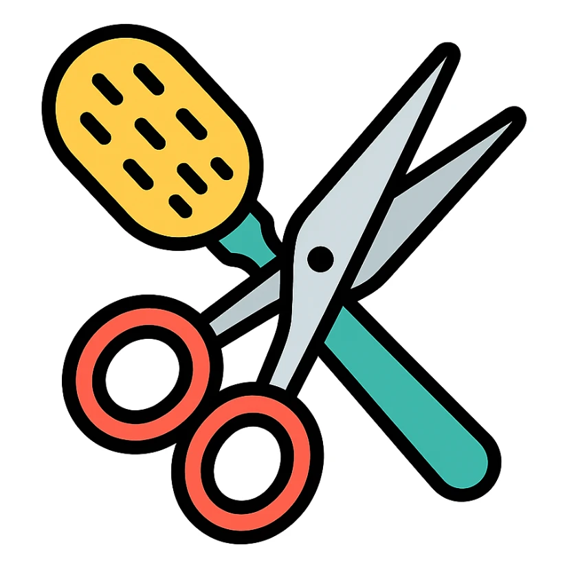 hairbrush and scissors crossed, modern icon style sticker