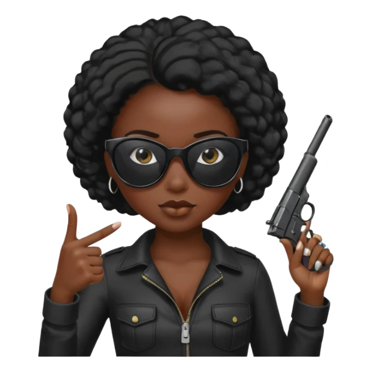 a black girl with black sunglasses with a gun pointed at the camera sticker