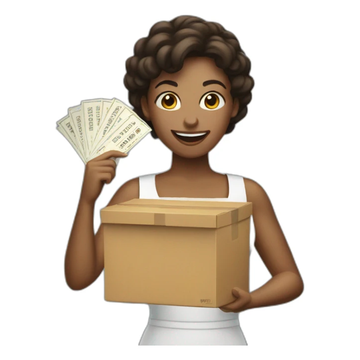 woman holding raffle box with ticket flying out sticker