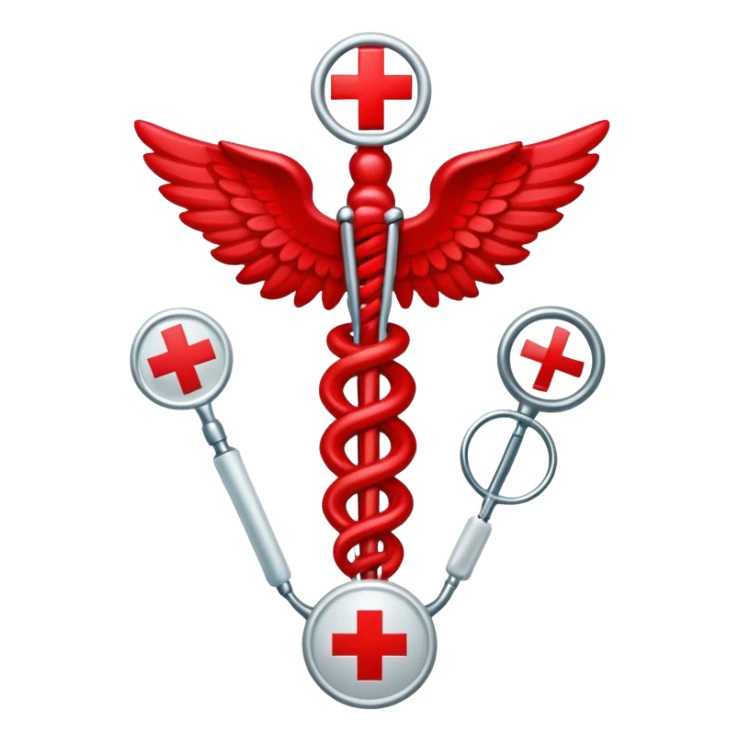 An icon featuring a caduceus (The Hygeia Vessel), a red cross, symbolizing medicine. The design includes medical tools and symbols, representing healthcare, diagnosis, and healing practices. Transparent background highlights the profession and study of medicine. sticker