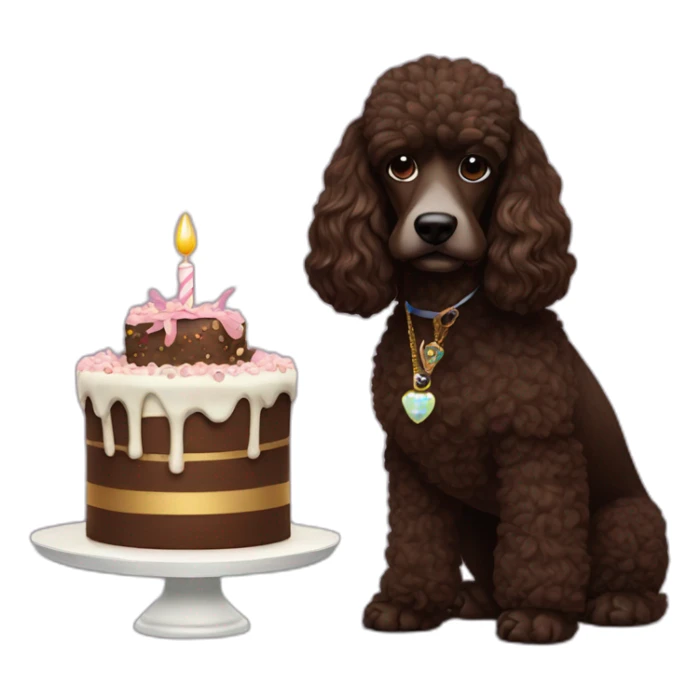 Snoop Dog with a dark brown poodle dog. He has a birthday cake sticker