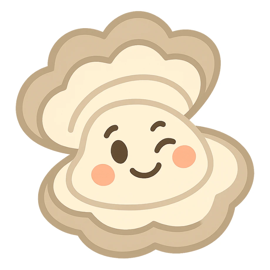 cute oyster with winking expression and rosy cheeks, cream and greige colors, pastel toon style sticker
