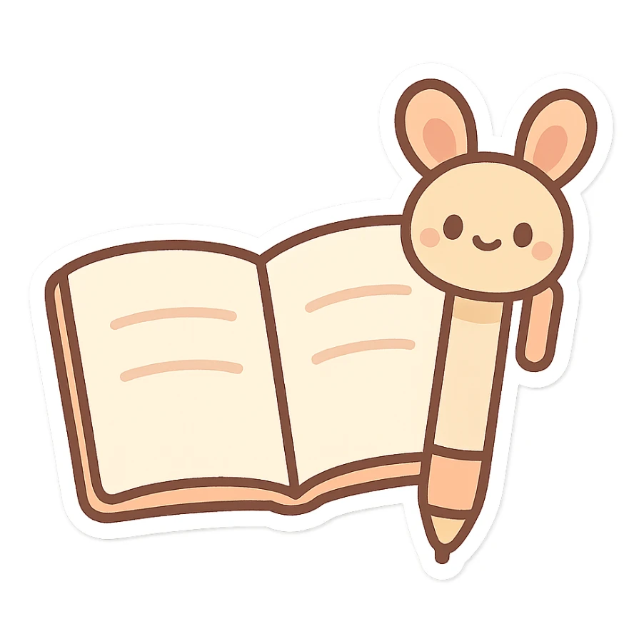 open notebook with a pen with ears, chibi stickers style, cute and cartoonish sticker