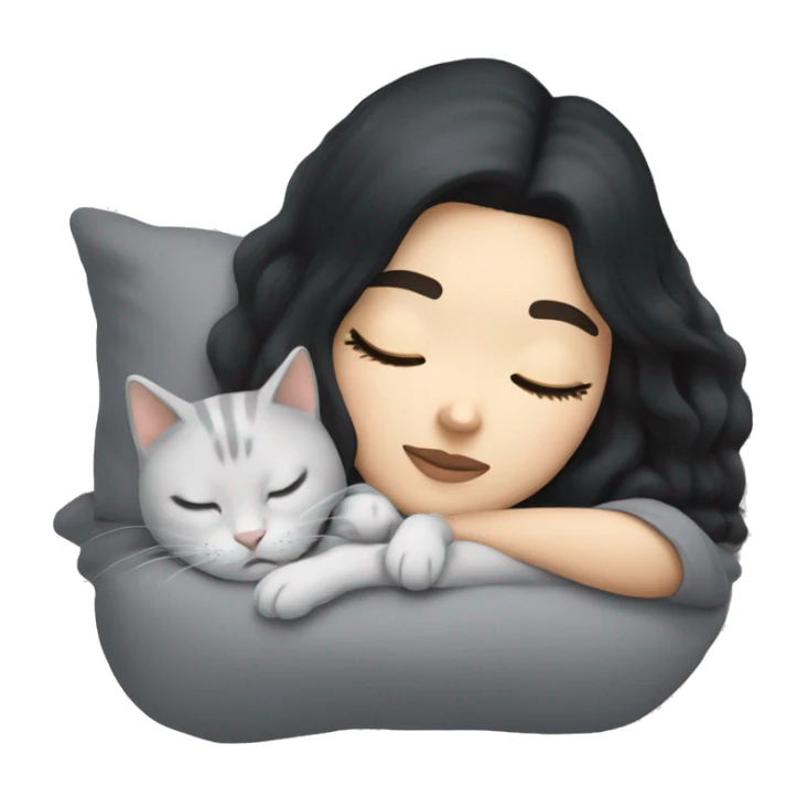 White girl with black hair sleeping with light grey kitty sticker