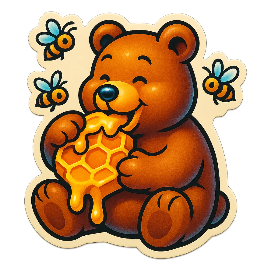 bear eating honeycomb with bees flying around sticker