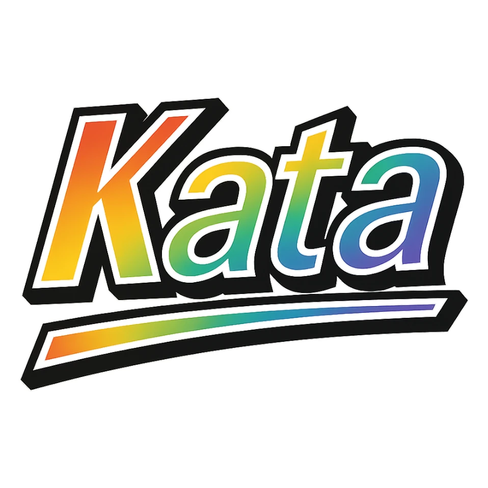 The name 'Kata' in modern, precise Hungarian letters with a rainbow gradient fill, extra thick white letter outline, dark contour, transparent background, dynamic slanted underline, in the style of the reference samples. sticker