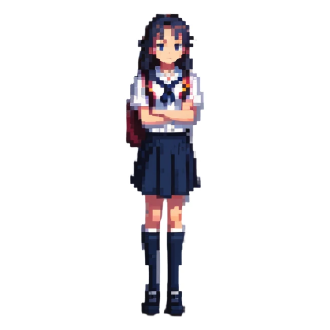 slender schoolgirl in navy uniform in classroom at sunset with dramatic shadows, one desk pulled out, gazing at window, feeling of longing sticker