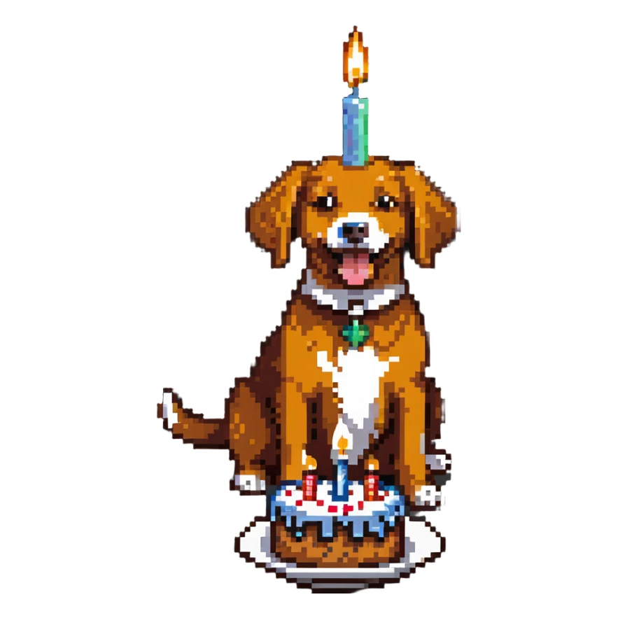 happy dog with candle-lit birthday cake sticker
