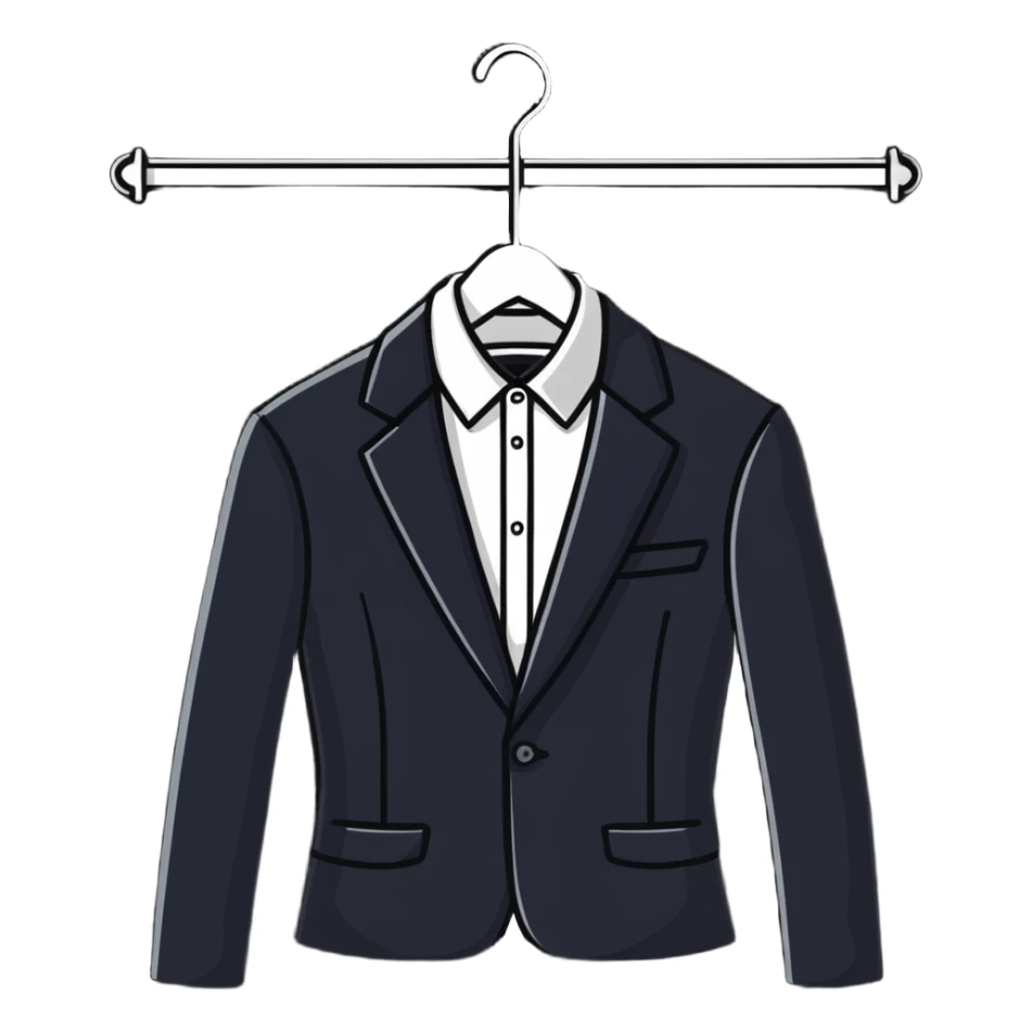 Clean minimal clothes hanger with suit jacket, professional wardrobe icon sticker
