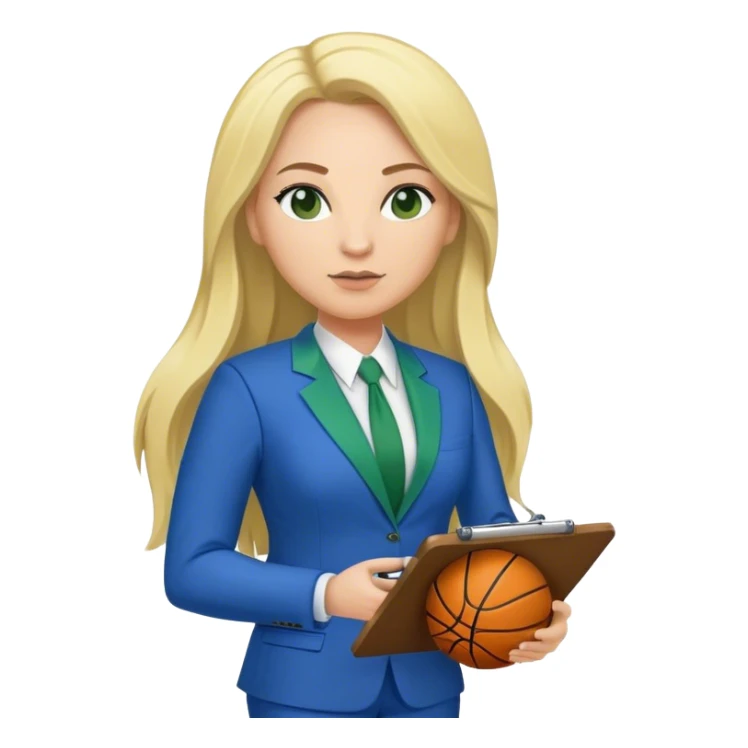 Full Body white plus size female basketball head coach using a clipboard with long blonde hair in a blue and green suit sticker