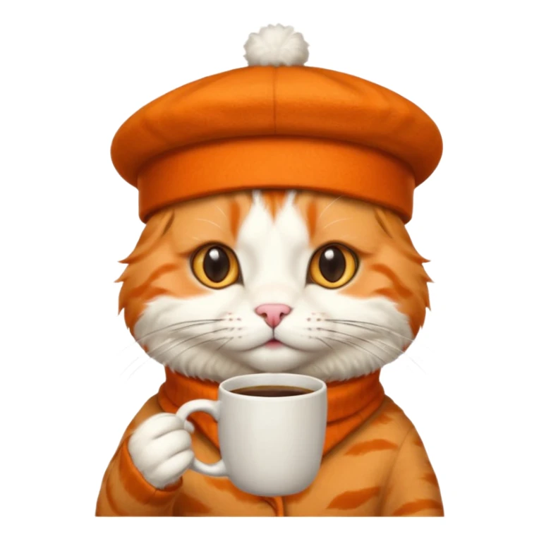 Orange cat, wear beret hat, holding coffee mug sticker
