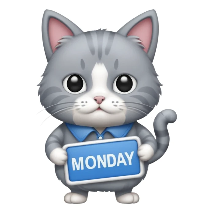 Cat carrying a “Monday blues” sign sticker