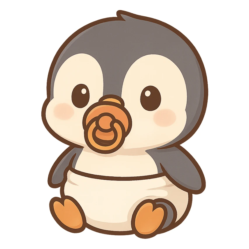cute penguin wearing a diaper and sucking on a pacifier, simple and friendly sticker