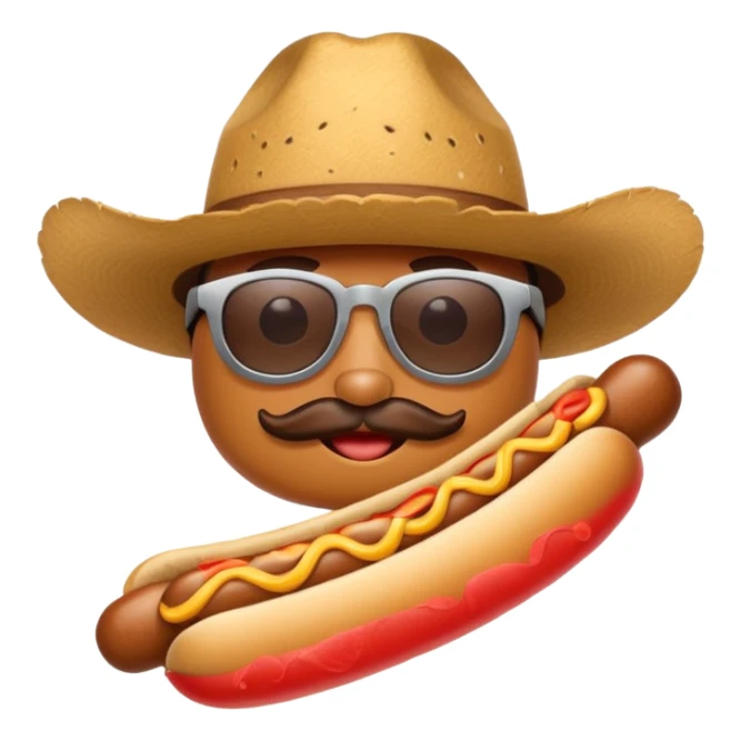 A hotdog with sunglasses and a cowboy hat sticker