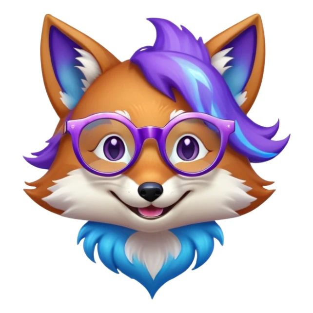 A magical fox with shimmering purple and blue fur, a glowing tail, a silver star on its forehead, and round glasses, laughing so hard that tears are streaming from its eyes. 🦊😂 sticker