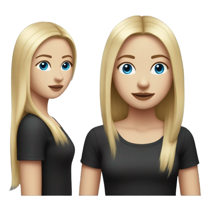 White skinned girl with medium length blonde straight hair with middle part and blue eyes with black shirt sticker