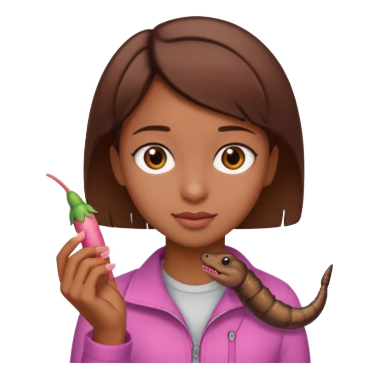 a girl with brown eyes, brown short hair and a worm sticker