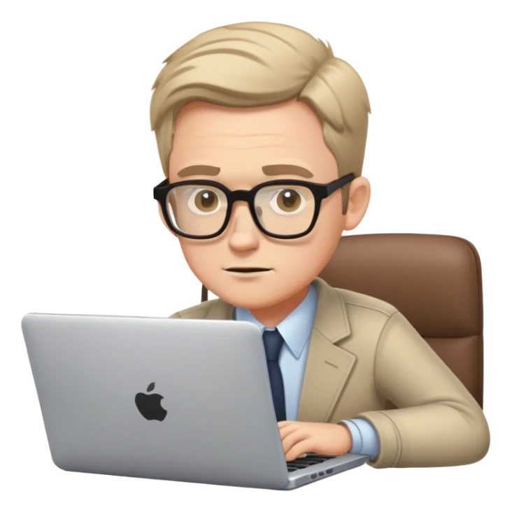 white male journalist typing on a laptop, wearing glasses, focused expression sticker