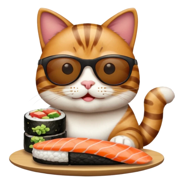 happy cat wearing sunglasses and eating sushi sticker