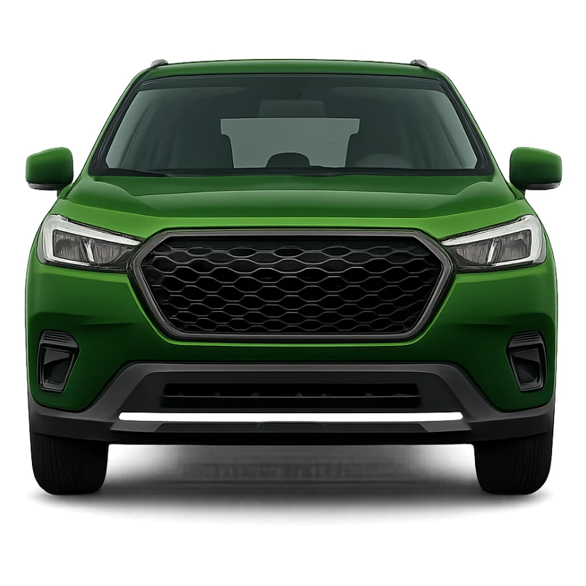 Show the green SUV from the front, with a visible face, no background. Remove the background to isolate the subject. sticker