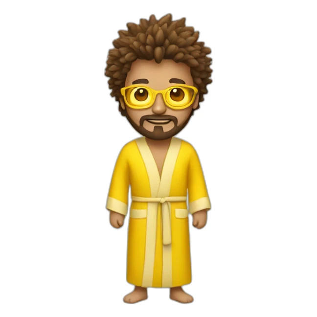 man with golden glasses, brown spikey hair and beard in yellow bathrobe sticker