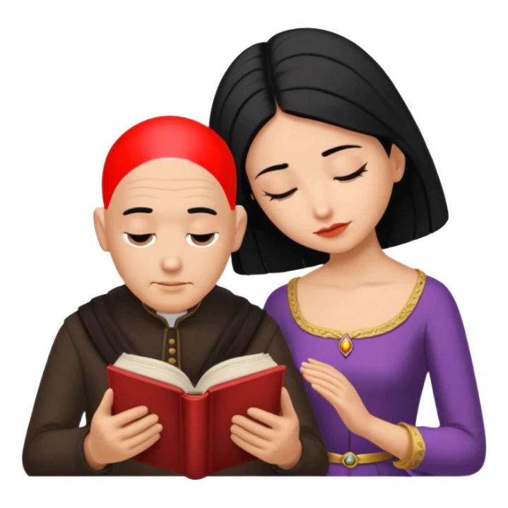 Bald headed man bowing to a black haired queen, while she read a book sticker