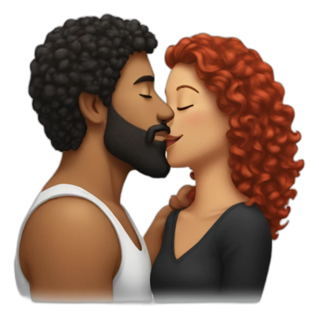 Brown man with a smooth black hair cut fade and a black beard kissing a White woman with long red curly hair sticker