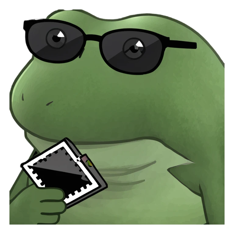 bufo with triangle shaped 8 bit sunglasses full black, confident smile, with a black hole in his hand sticker