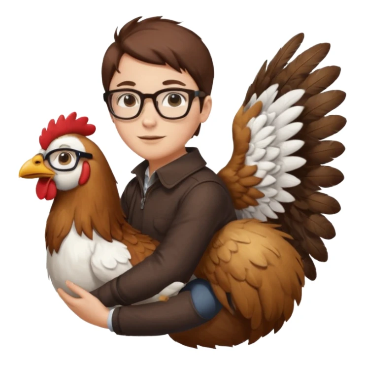 A dued whareing glasses that's ridding a dog-chicken mix sticker